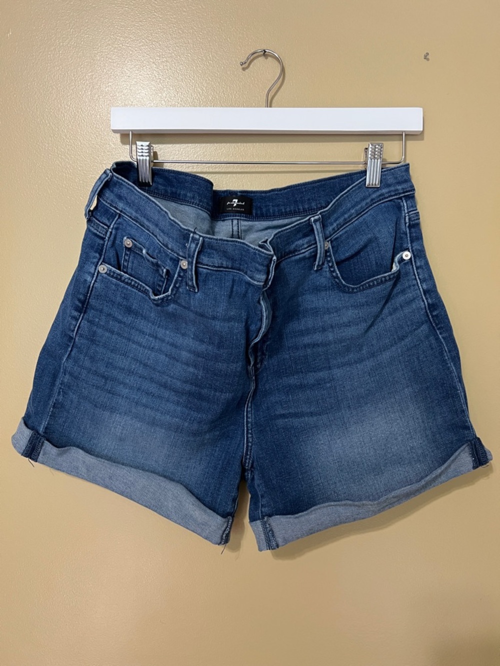 7 For All Mankind Dark Blue Rolled-Hem Denim Shorts